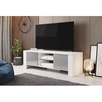 Cama TV stovas WEST 42/130/42 baltas/pilkas blizgus