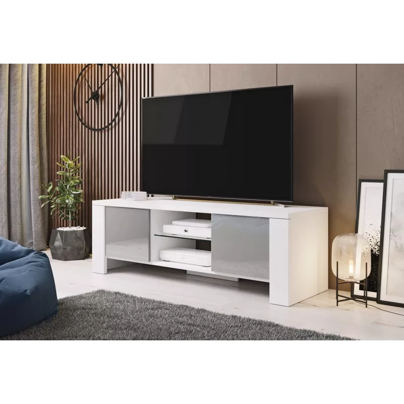 Cama TV stovas WEST 42/130/42 baltas/pilkas blizgus