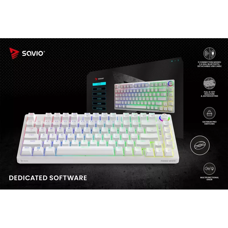 SAVIO PHENIX WHITE belaidė mechaninė klaviatūra, Gateron Red Pro, ABS