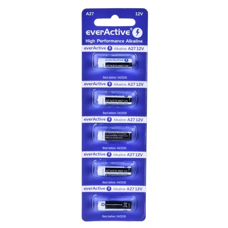 Įkraunamų baterijų rinkinys everActive 27A5BL, šarminės 12 V, cilindrinės, 5 vnt., 27,3 × 7,62 mm