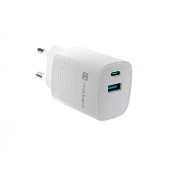 Laidinis mobiliųjų įrenginių įkroviklis NATEC NUC-2140, 30W, USB-C PD 3.0 + USB-A, Samsung AFC, Baltas