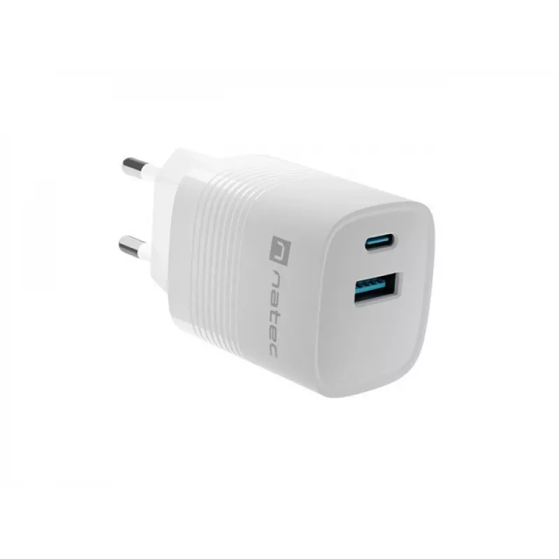 Laidinis mobiliųjų įrenginių įkroviklis NATEC NUC-2140, 30W, USB-C PD 3.0 + USB-A, Samsung AFC, Baltas