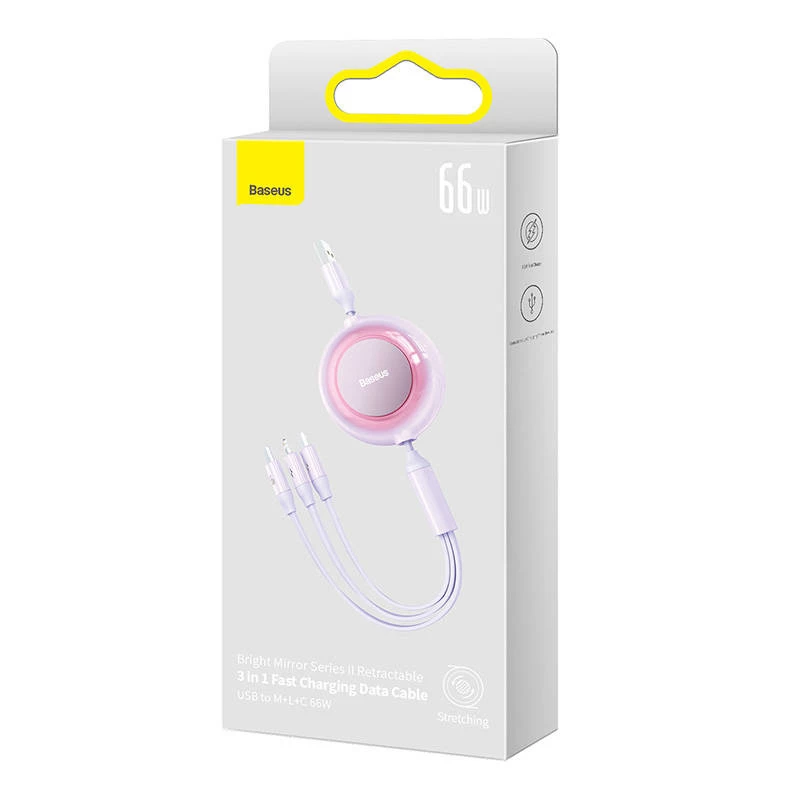 USB 3-in-1 laidas Baseus Bright Mirror — micro USB, USB-C, Lightning, 66W, 1,1 m
