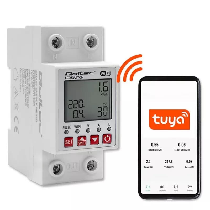 DIN bėgio WiFi relė QOLTEC 50990, vieno kanalo, 63A perjungimas elektros apskaitai ir nuotoliniam valdymui