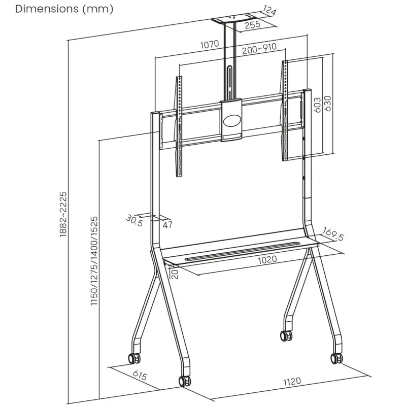 TV stovas MACLEAN MC-114 B nešiojamas grindų stovas 55–100 colių ekranams, maks. apkrova 120 kg, VESA 200x200–900x600, aukštis 115–152 cm, juodas, lentyna