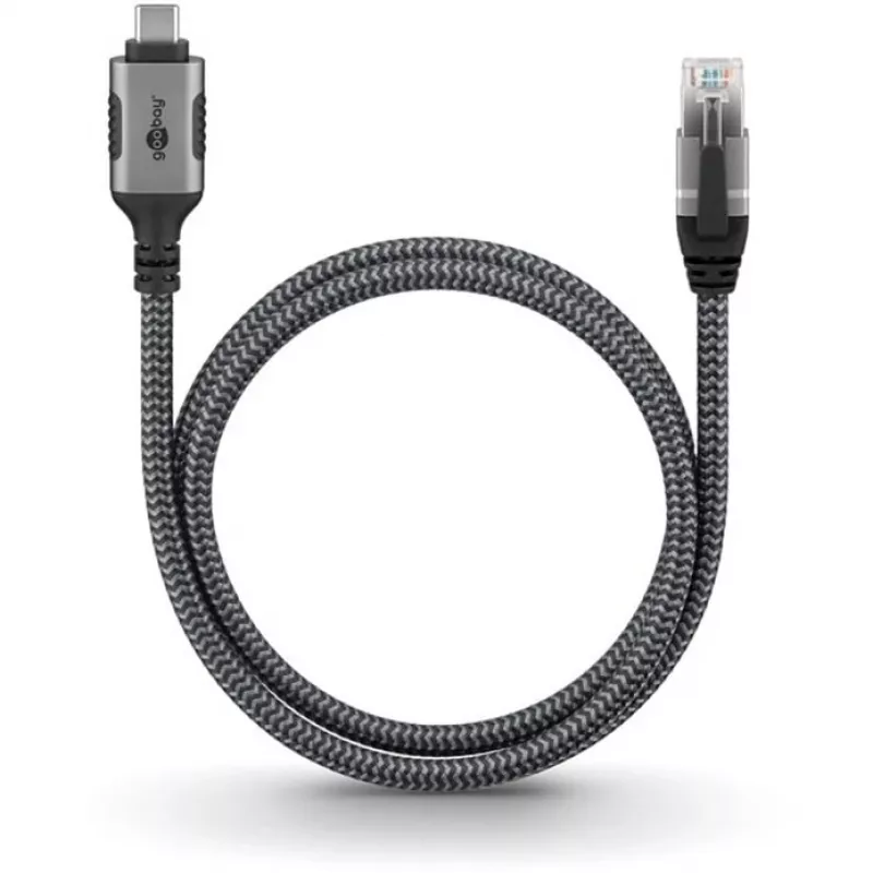 Ethernet kabelis USB-C 3.2 Gen2 kištukas > RJ-45 kištukas (juoda/sidabrinė, 5 metrai, pintas tekstilinis apvalkalas)