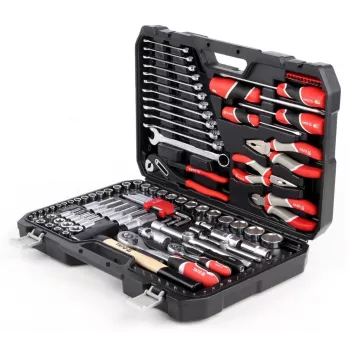Mechaninių įrankių rinkinys YATO YT-38901 — 122 dalių įrankių komplektas su galvutėmis (12–32 mm), reketu, prailgintuvais, atsuktuvais, plaktuku, replėmis, chromuota apdaila