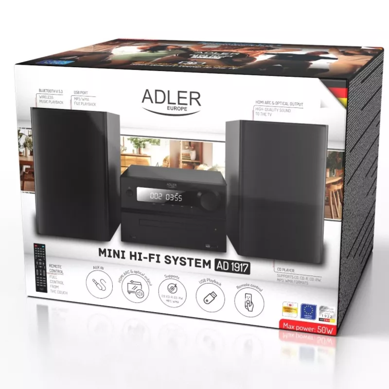 Mini Hi-Fi stereosistema Adler AD 1917 — Bluetooth V5.3, CD/USB/MP3, 2×25W RMS, FM imtuvas, 4 juostų ekvalaizeris, AUX, juoda