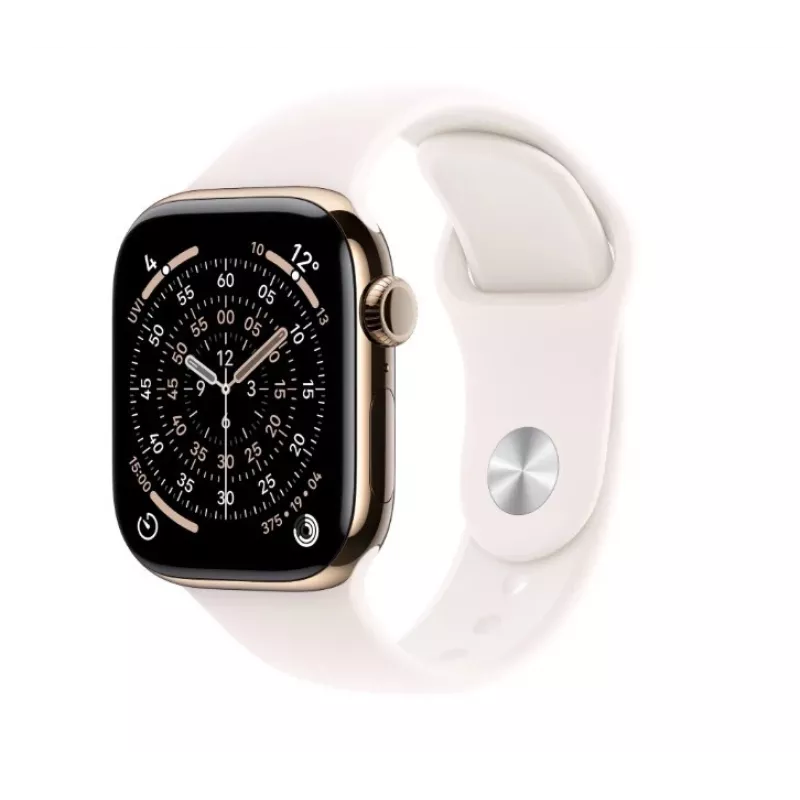 Išmanusis laikrodis „Apple Watch Series 11“ GPS + Cellular 42 mm auksinis titano korpusas, šviesiai rožinis sportinis dirželis M/L