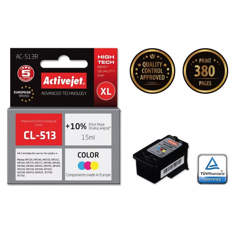 Rašalo kasetė ActiveJet AC-513R suderinama su Canon CL-513, 15 ml dažų pagrindo, XL didelės talpos, spalvota (C/M/Y), atnaujinta premium