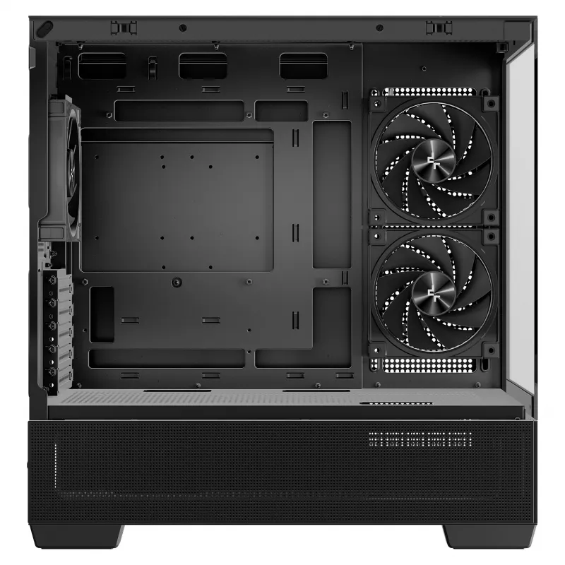 PC Midi Tower DeepCool CG380 3F — juoda, 235×437×451 mm, palaiko 2×120 mm šoninius + 1×120 mm galinį ventiliatorius, apatinis maitinimo blokas, 2,5 colio/3,5 colio HDD