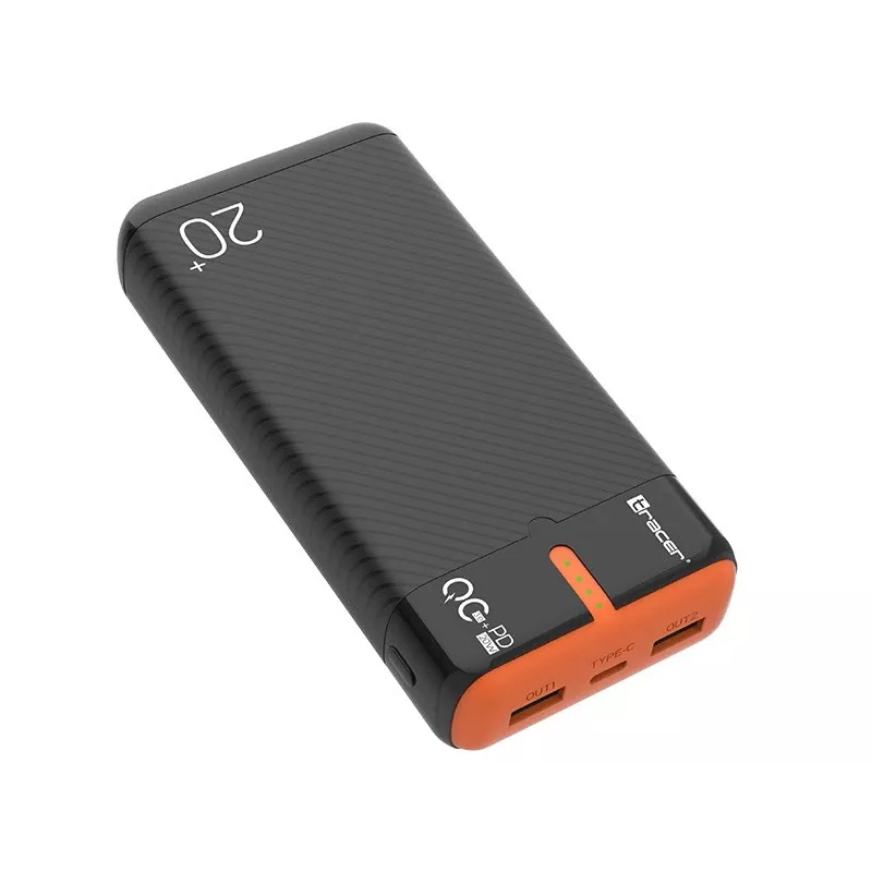 Nešiojamas įkroviklis TRACER EnerGen 20000 mAh, Power Delivery 20W, USB-C įvestis, 2×USB-A išvestys, 3 įrenginių palaikymas, oranžinis
