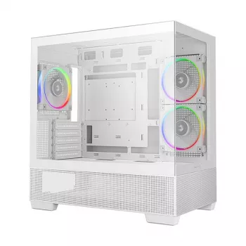 PC Midi Tower korpusas DeepCool CG380 3F WH — Baltas, 235×437×451 mm, palaiko 2,5 colio/3,5 colio, maitinimo blokas apačioje, 3x 120 mm ventiliatoriai sumontuoti