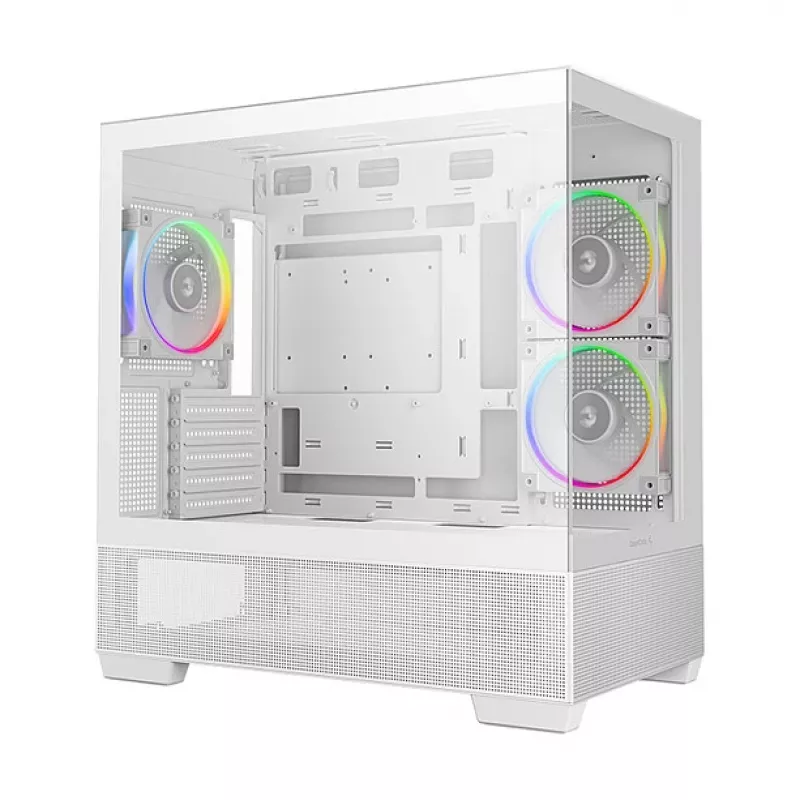 PC Midi Tower korpusas DeepCool CG380 3F WH — Baltas, 235×437×451 mm, palaiko 2,5 colio/3,5 colio, maitinimo blokas apačioje, 3x 120 mm ventiliatoriai sumontuoti