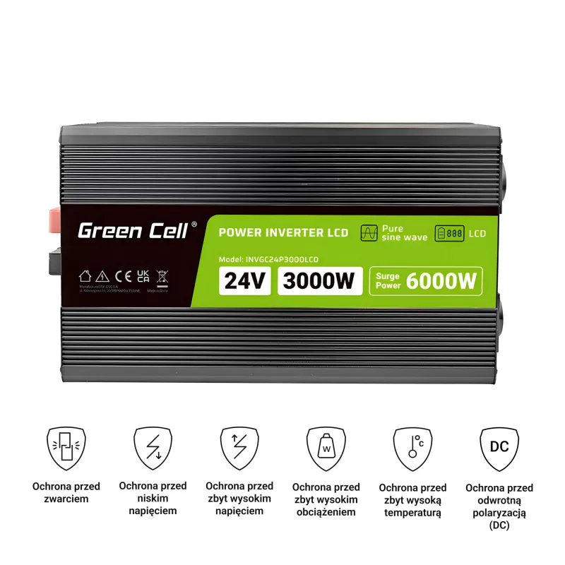Automobilinis inverteris Green Cell INVGC24P3000LCD 24V 3000W grynoji sinusinė banga, 230V 50Hz, LCD, F tipas