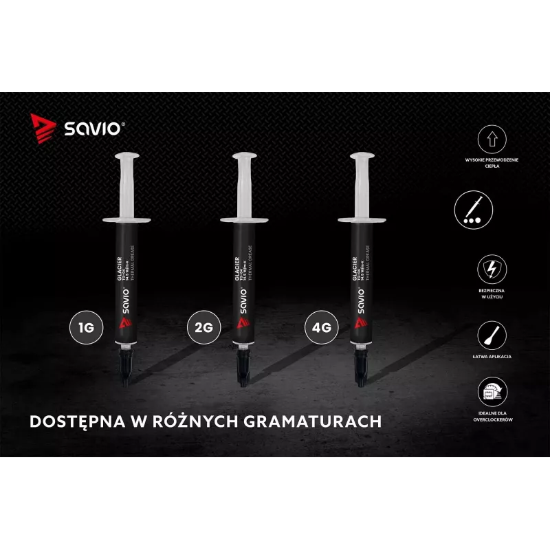 Termopasta SAVIO TG-04 4 g — šilumos laidumas 14,5 W/m·K, darbinė temperatūra nuo -250 iki 300 °C, pilka