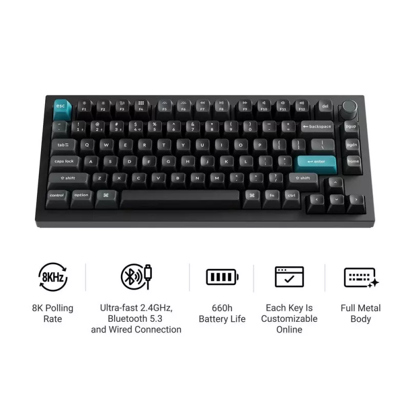 Mechaninė klaviatūra Keychron Q1 Ultra 8K — 75% formos, USB + RF belaidis + Bluetooth, RGB LED, juoda