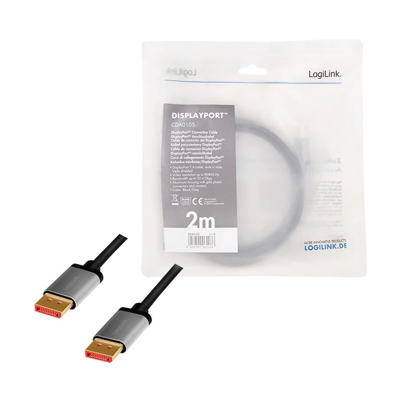 DisplayPort kabelis LogiLink CDA0105 2 m Juoda Pilka