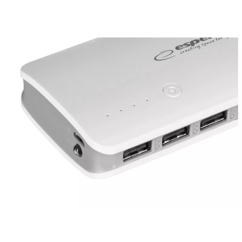 Nešiojamasis įkroviklis Esperanza EMP106WE Radium — 8000 mAh, 3 įrenginių išvestis, Micro-USB įvestis, 5V/2A ir 5V/1.5A/1A išvestys, pilka