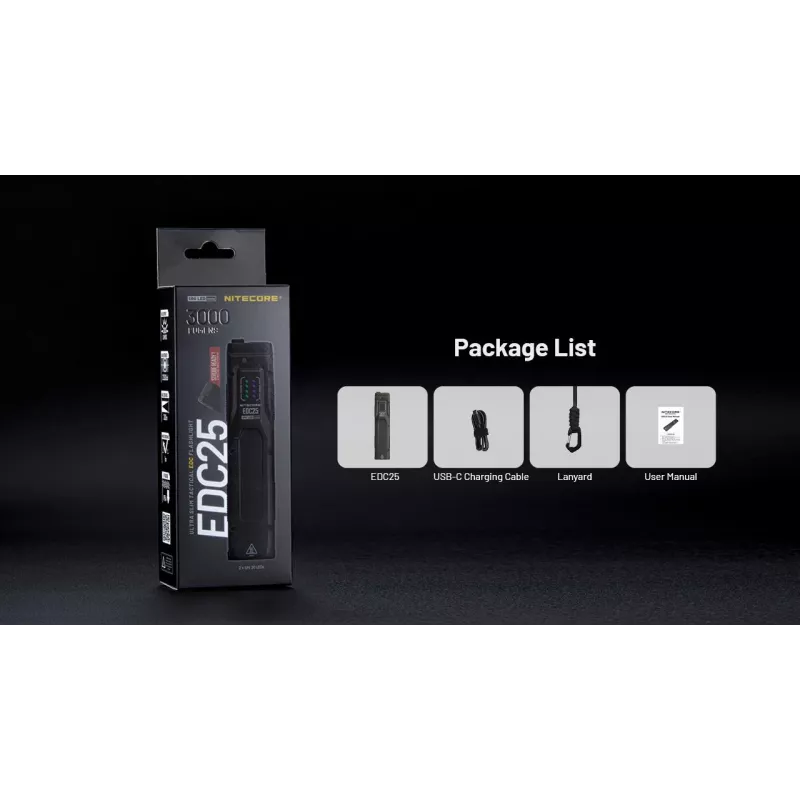 Taktinis žibintuvėlis Nitecore EDC25 — dvigubas LED, 15 lm, aliuminio korpusas, įkraunamas per USB, IP54, atsparus smūgiams, juodas