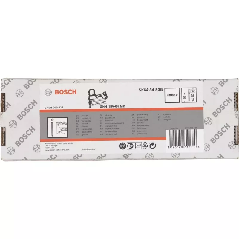Įleistinės galvutės vinys Bosch SK64-34 34° 1,8 mm (15 ga) 4 000 vnt. — skirtos akumuliatoriniams ir pneumatiniams vinikalėms