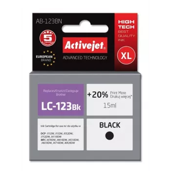 Activejet AB-123BN rašalas (pakaitalas Brother LC123Bk/LC121Bk; Supreme; 15 ml; juodas)