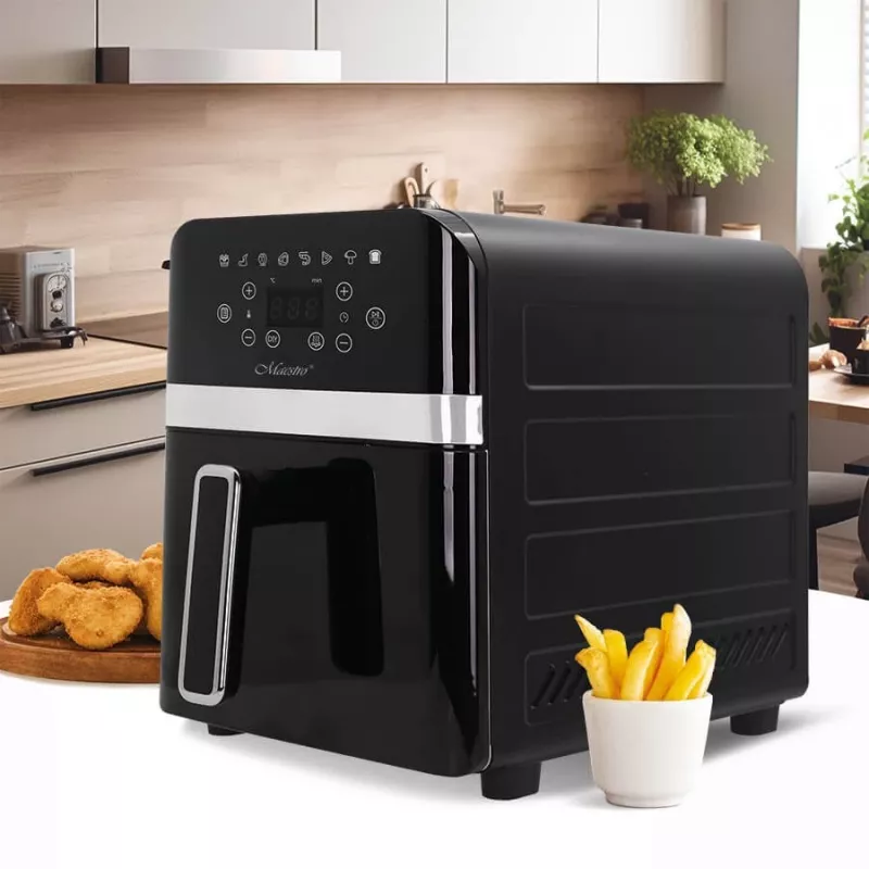 Neriebi keptuvė MAESTRO MR-759 Black yra „Feel-Maestro“ produktas iš mūsų oro keptuvių asortimento. Pagrindiniai bruožai: juoda apdaila, 1900 W galia ir 9 l talpa.