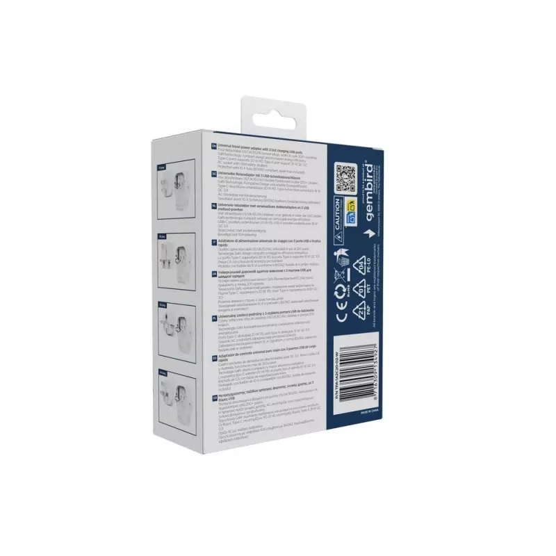 Sieninis kelioninis adapteris GEMBIRD TPA-1A2C20-02-W 20W — 1×USB-A + 2×USB-C, Type G kištukas, 100–250V, baltas