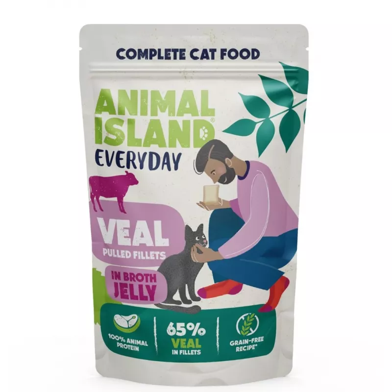 Šlapias kačių maistas animal island Everyday — veršiena ir paukštiena su kepenėlėmis, 4 x 85 g paketėliai, 9,5 % baltymų, 83 % drėgmės