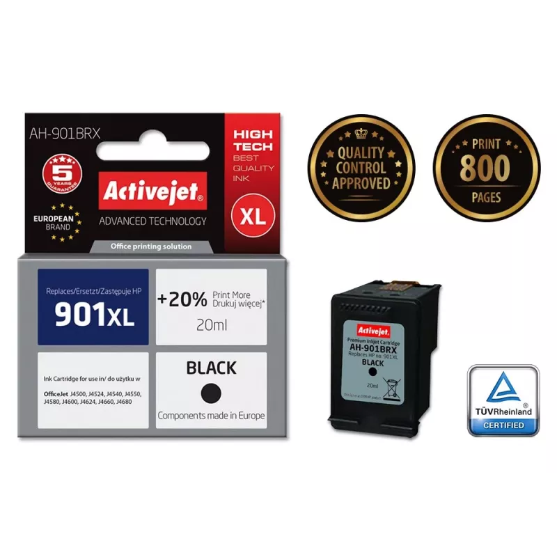 Activejet AH-901BRX rašalas (pakaitalas HP 901XL CC654AE; Premium; 20 ml; juodas)