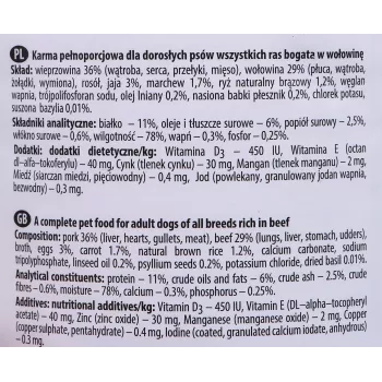 Šlapias šunų maistas Dolina Noteci jautiena ir kiauliena suaugusiems šunims skardinė 400 g, baltymai 11%, riebalai 6%, drėgmė 78%