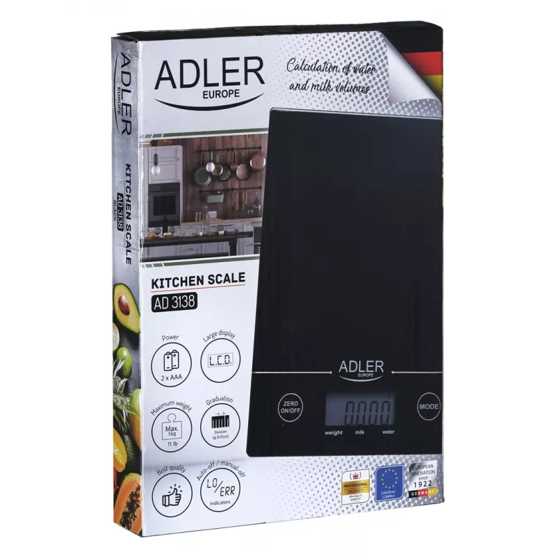 Adler AD 3138 b mechaninės virtuvinės svarstyklės juodos stalviršiui stačiakampės