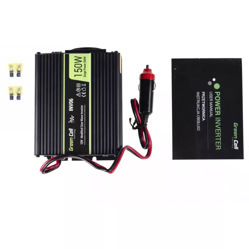 Inverterio maitinimo adapteris Green Cell INV06 12V į 230V 150W 50Hz C tipo kištukas, 85% efektyvumas, juodas