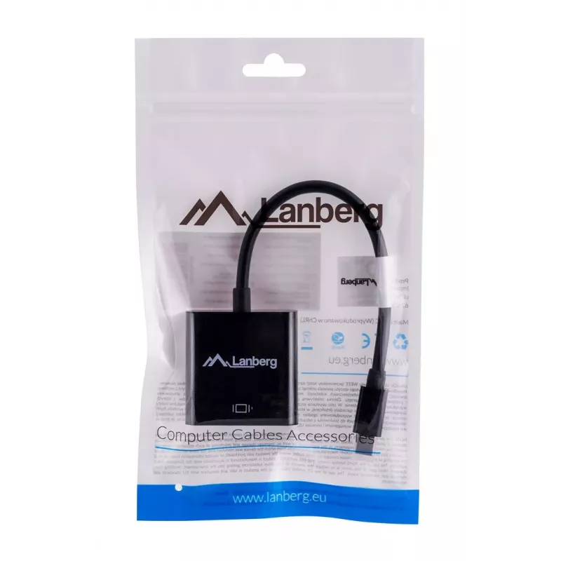 VGA (D-Sub) į Mini DisplayPort adapterio kabelis LANBERG AD-0006-BK, 0.2 m, DisplayPort 1.2, 1920×1200@60Hz, jungtis MiniDP, juoda