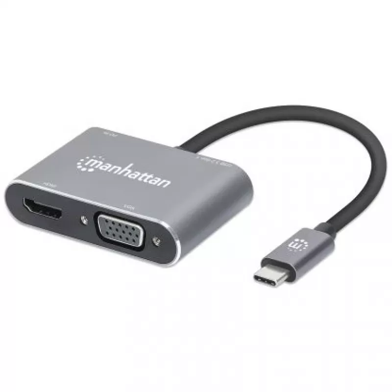 Manhattan USB-C dokas / šakotuvas, prievadai (x4): HDMI, USB-A, USB-C ir VGA, su Power Delivery (PD) 87 W – reikalingas išorinis USB-C įkroviklis (nepridedamas). Maitinamas per USB (nereikia išorinio maitinimo šaltinio), kai PD nenaudojamas, aliuminis