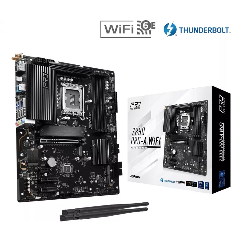Pagrindinė plokštė ASRock Z890 Pro-A WiFi — Intel Z890, LGA 1851, ATX, DDR5, 4x DIMM, 256GB, Wi‑Fi 6E, 2.5Gb LAN