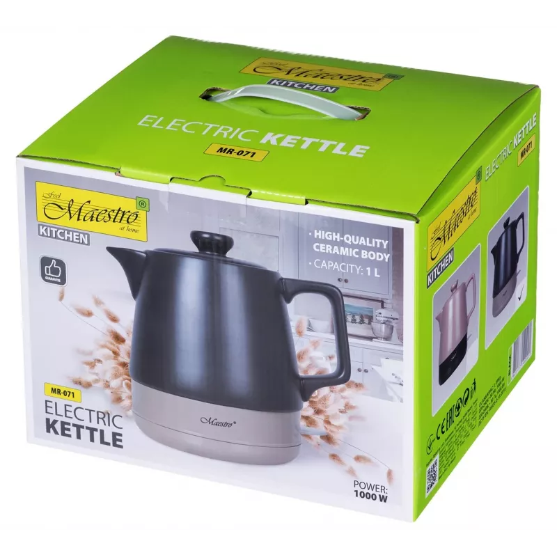 Elektrinis virdulys Maestro MR-071-Juoda 1 L keraminis, 1200 W, paslėptas kaitinimo elementas, 360° pagrindas