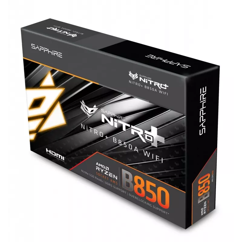 Pagrindinė plokštė Sapphire NITRO+ B850A WIFI 7 AMD B850 lizdas AM5 micro ATX, DDR5, 4 DIMM, 256 GB, Wi‑Fi 7, 2,5GbE
