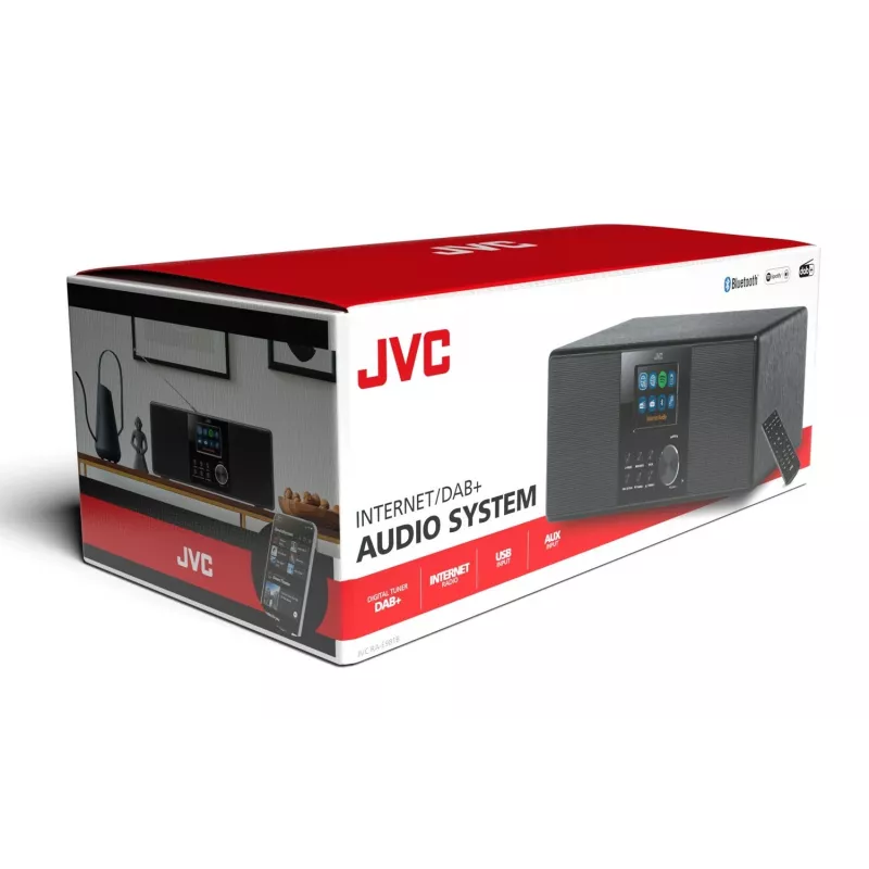 Internet radijas JVC RA-E981B — Wi‑Fi ir Bluetooth transliacija, DAB+, FM, 2×5W, 40 išankstinių nuostatų, USB, AUX, LCD ekranas