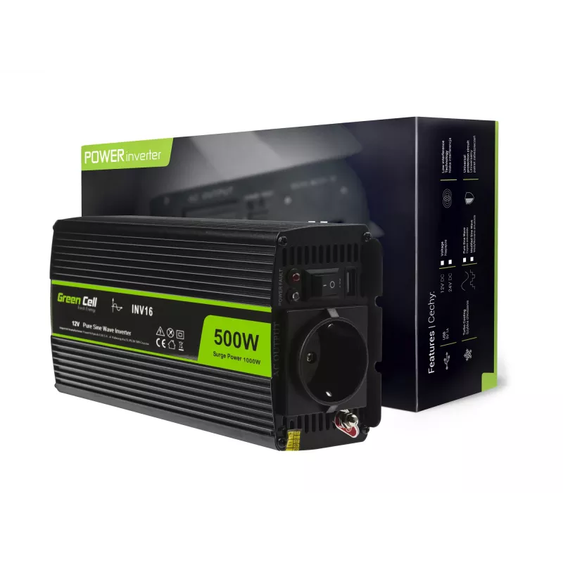 Automobilinis inverteris Green Cell INV16 500 W DC 12 V į AC 230 V, 50 Hz, USB prievadas, aktyvus aušinimas, juodas