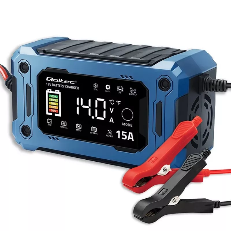 Išmanusis 12V 15A QOLTEC įkroviklis su mikroprocesoriumi ir LCD — AGM, GEL, SLA, EFB, LiFePO4 akumuliatoriams