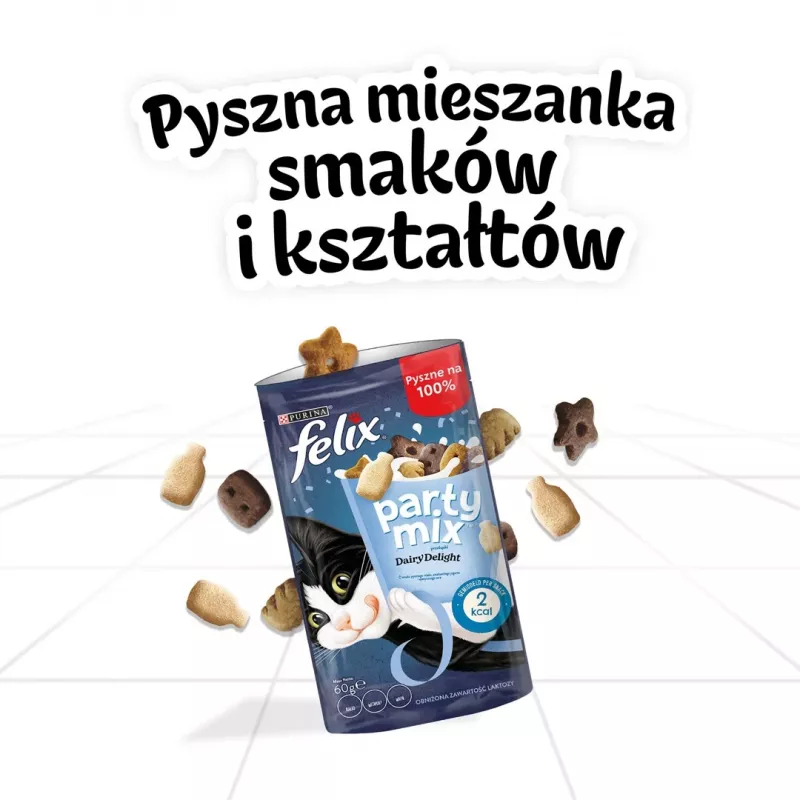 Kačių skanėstai Felix Party Mix Dairy Delight 60 g — traškūs pieno skonio užkandžiai suaugusioms katėms, baltymai 35%, riebalai 19,5%