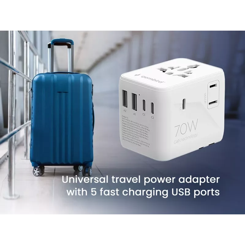 Keliautojų adapteris GEMBIRD TPA-2A3C70-01-W — I tipo kištukas, 3× USB-C (70 W), 2× USB-A (18 W), 100–250 V, baltas