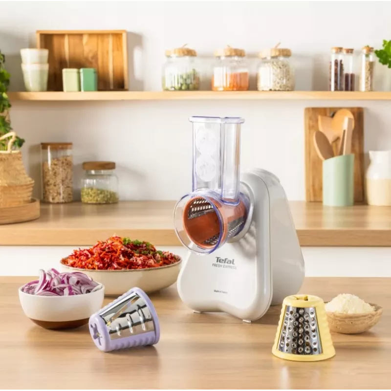 Elektrinė daržovių smulkintuvė Tefal Fresh Express DN853BE0 — 150 W, 3 keičiami antgaliai, 1 greitis, kremas