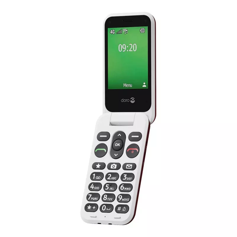 „Doro Leva E22“ mygtukinis telefonas, atverčiamas, 2,8 colio (7,11 cm) ekranas, viena SIM, 0,3 MP kamera, 1150 mAh, 127,8 g, raudona/baltas
