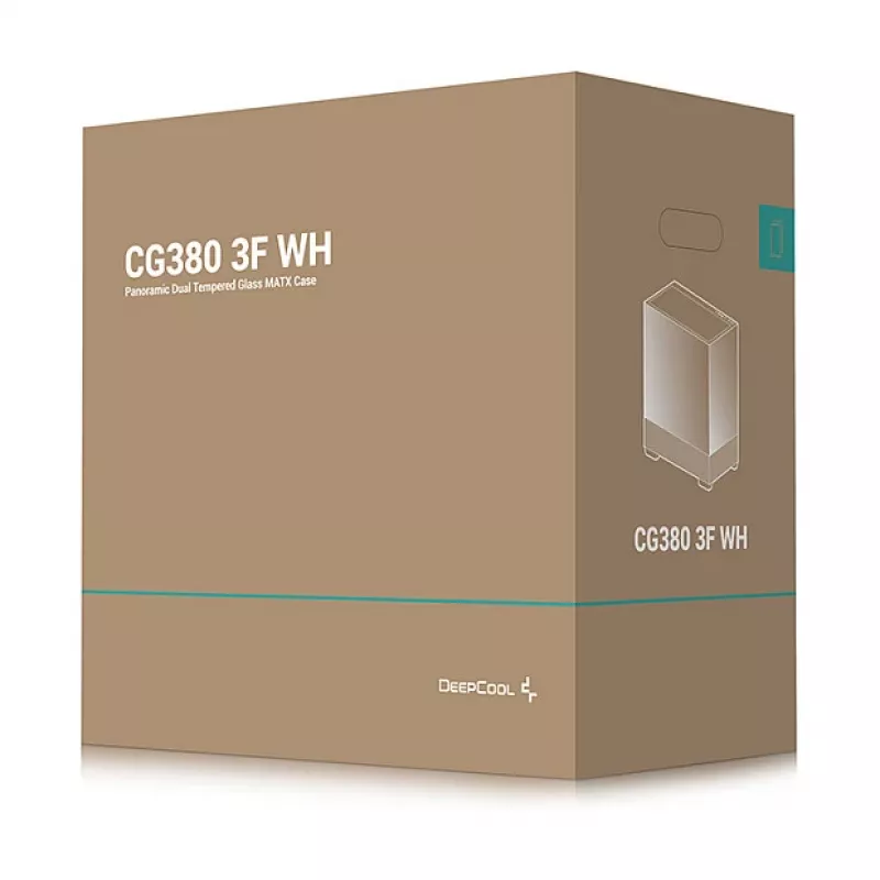 PC Midi Tower korpusas DeepCool CG380 3F WH — Baltas, 235×437×451 mm, palaiko 2,5 colio/3,5 colio, maitinimo blokas apačioje, 3x 120 mm ventiliatoriai sumontuoti