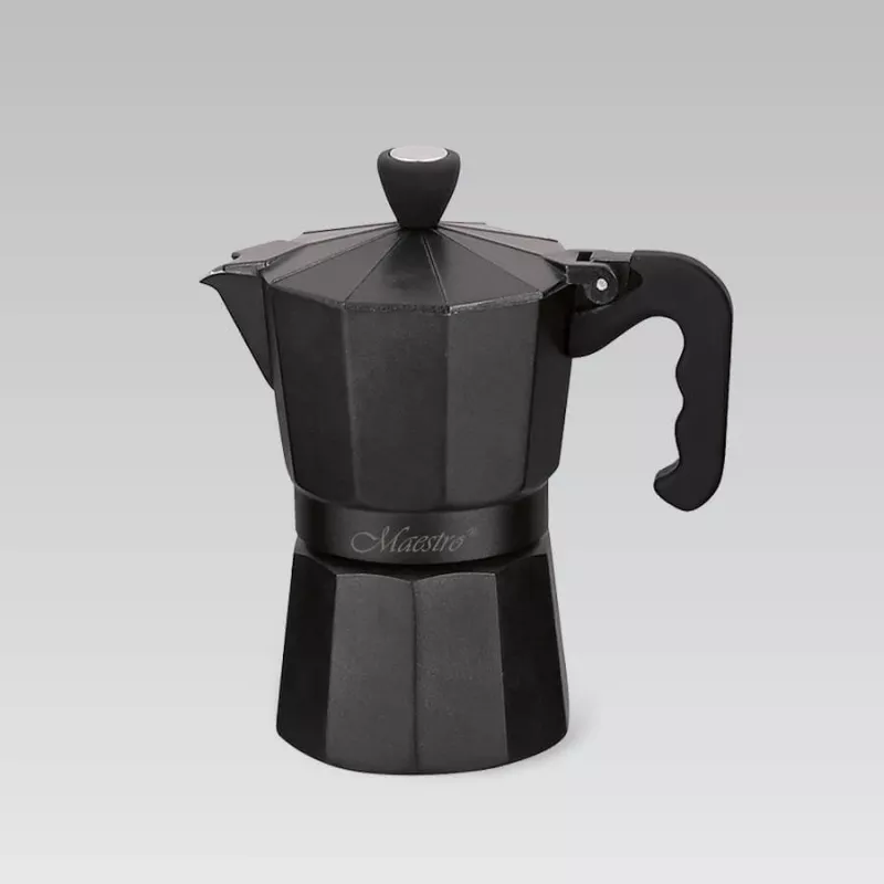 Moka kavinukas Maestro MR-1666-3-Juoda, rankinis 3 puodelių aliumininis kavos virimo aparatas, 150 ml, juodas