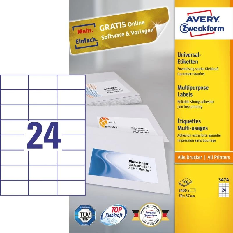 Avery 3474 lipni etiketė, stačiakampė, nuolatinė, balta, 2400 vnt.