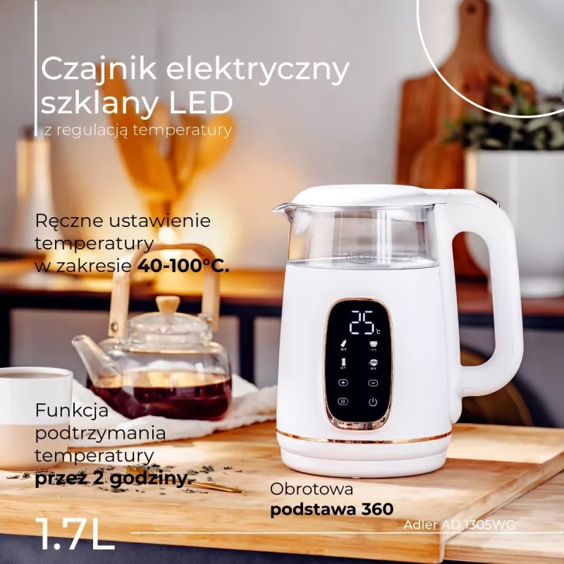 Elektrinis virdulys Adler AD 1305WG — 1,7 l, 2200 W, stiklas/plastikas, baltas/auksinis/permatomas