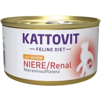 Šlapias kačių maistas KATTOVIT Niere/Renal Chicken 185 g — veterinarinė inkstų dieta, suaugusioms katėms, 185 g skardinė